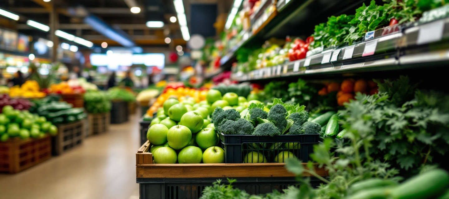 Fresh vegetables and fruit stacked on a supermarket shelf with green price labels