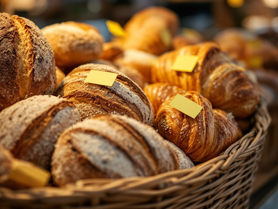 Reduced-price bread and pastries in a bakery basket at the end of the day